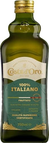 Costa d'Oro – 100% Italiano 750 ml. Olio extravergine di oliva estratto a freddo da olive 100% italiane. Bottiglia da 75 cl.