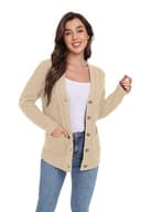 GRECERELLE Cárdigan de punto clásico para mujer, cuello en V, tira de botones, elegante, informal, otoño e invierno, suéter con botones y bolsillos, beige, L - 8