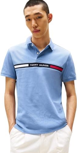 Tommy Hilfiger Uomo Maglietta Polo Maniche Corte Chest Insert Regular Fit, Blu (Brisk Blue), L