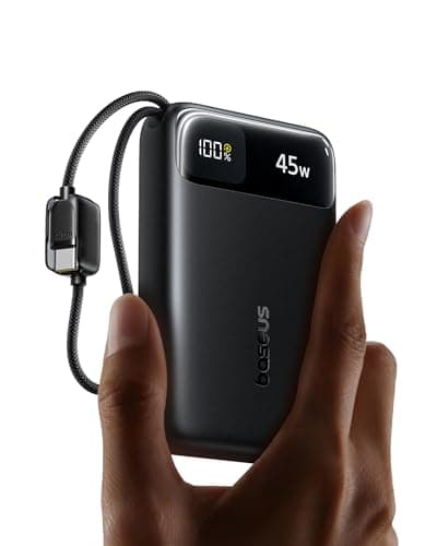 Baseus FC11 Powerbank 45W 20000mAh con 2 Cables USB-C Integrados, Batería Externa de Carga Rápida con Pantalla LED, Mini Power Bank para iPhone 17/16/15/14 Pro MAX, iPad, Samsung, Negro