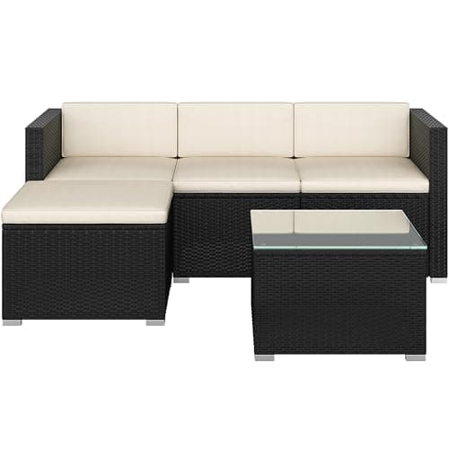 Yaheetech 5 Pieces Patio Furniture Set, PE Rattan Garden Modular Lounge Sofa Set with Tempered Glass Table and Water-Resistant Cushions for Patio, Balcony (Black/Beige)