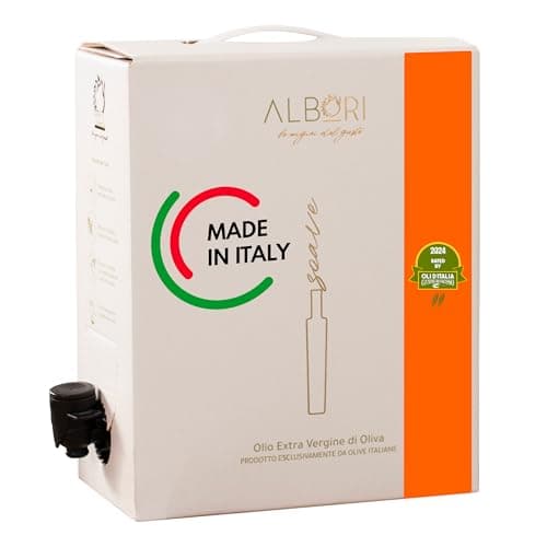ALBORI Soave - Olio Extravergine di Oliva Italiano 5 Litri NUOVO 2025/2026 Estratto Freddo, Olio di Oliva con Olive Leccino e Peranzana Delicato per Pesce, Carne, Verdura, Box con Versatore Antispreco
