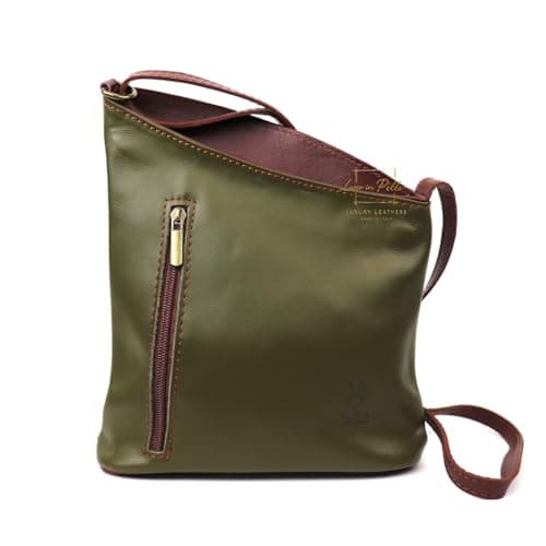 Lusso in pelle Genuine Soft Italian Leather Crossbody Messenger Handbag for Women (Olive and Tan)