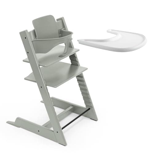 Trona Tripp Trapp de Stokke (Verde Glaciar) Con Bandeja (Blanco) - Incluye Silla, Baby Set 2 Para Niños de 6 a 36 Meses - Ajustable y Fácil de Limpiar