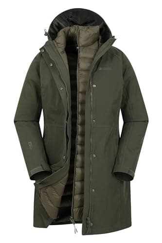 Mountain Warehouse Alaskan Womens 3 In 1 Long Jacket - Waterproof, Breathable & Adjustable Raincoat with Detachable Inner Coat & Taped Seams -For, Rain & Outdoors Khaki Women's Size 14