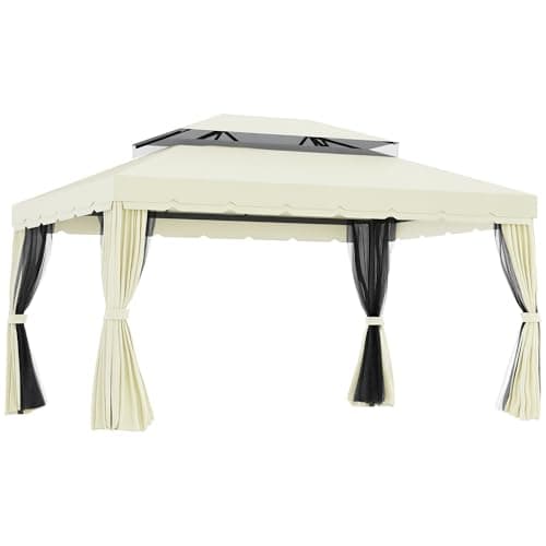 Outsunny Gazebo da Giardino 4x3 m con Zanzariera e Tende Parasole, Gazebo da Esterno a Doppio Tetto con Copertura in Poliestere Anti UV e Telaio in Lega di Alluminio, Crema