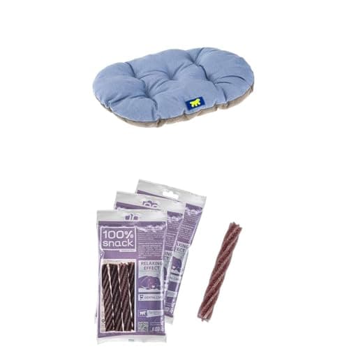 Ferplast Cuccia Cane in Cotone Soffice Imbottitura Incl Cuscino Removibile in Peluche, 45 x 35 x h 13 cm + Snack Cane Naturale Igiene Orale Effetto Rilassante Melissa 3 confezioni 315g