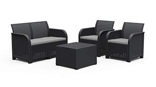 Keter Rosalie Lounge - Juego de Exterior con Cojines incluidos, 65 x 63 x 74 cm, sofá 113 x 65 x 74 cm, Mesa contenedora 60 x 55 x 39 cm