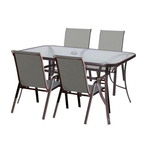 LOLAhome Conjunto Exterior | Mesa 150 cm de Acero y Cristal Templado + 4 Sillas de Textileno Antracita | Resistente: Pintura anticorrosión, Tela Doble | Transpirables, Apliables | Classic