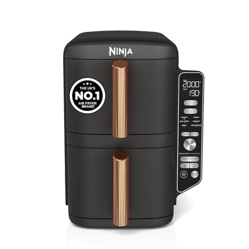 Ninja Double Stack XL Air Fryer, Vertical Dual Drawer Air Fryer with 4 cooking levels, 2 Drawers & 2 Racks, Space Saving Design, 9.5L Capacity, 6 Functions, 8 Portions, Tongs, Black/Copper SL400UKCP