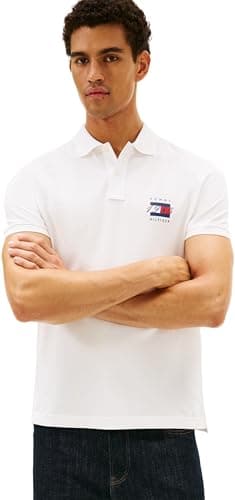 Tommy Hilfiger Men’s Short Sleeve Flag Graphic Pique Regular Fit Polo Shirt, White (Ecru), XXL