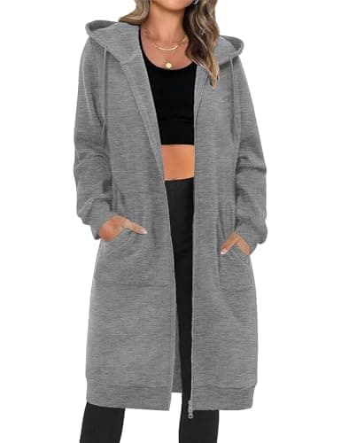 Tuopuda Mujer Largo Sudadera con Capucha Casual Sudadera Larga de Lana con Cremallera Chaqueta de Lana con Bolsillos para Primavera Otoño Invierno Hoodie Suéter(Gris Oscuro,L)