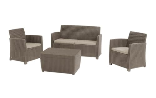 Allibert Corona 212405 Lounge Set with Cushion Box Table / 2 Chairs / 1 Sofa / 1 Table/Rattan-Effect Plastic/Cappuccino