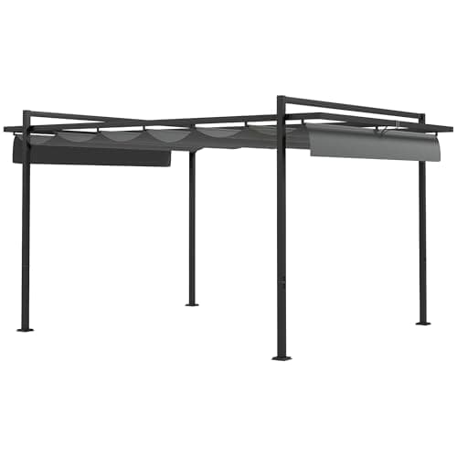 Outsunny Pérgola 3x4 m Gazebo Cenador de Jardín con Techo Retráctil de Poliéster y 12 Orificios de Drenaje Pérgola para Patio Terraza Exterior Gris Oscuro