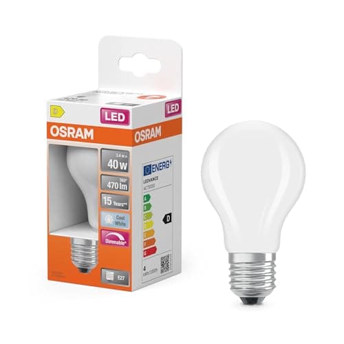 OSRAM Lampada LED Superstar forma lampadina A40 filamento dimmerabile, 4000 K bianco neutro, 3,4 W, E27, satinato, 470 lm, per lampade da soffitto e da terra, 15.000 ore