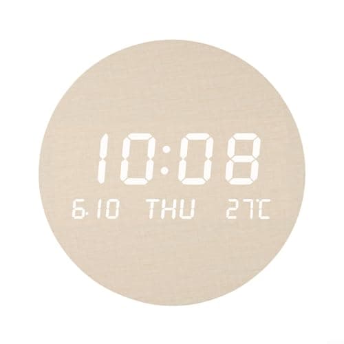 Durashmall Silent Wooden Large Screen LED Wall Clock with Date Temperature Display and Rechargeable or In Power for Living Room Bedroom Waterproof Face Modern Digital Design 12