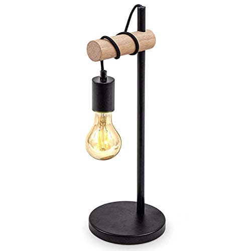 Lampada da Tavolo Vintage, Lampada da Tavolo in Metallo Nero e Legno, Design Elegante e Minimale Lampada da Comodino Nero, E27 Lampada da Scrivania Industriale per Soggiorno, Camera da Letto