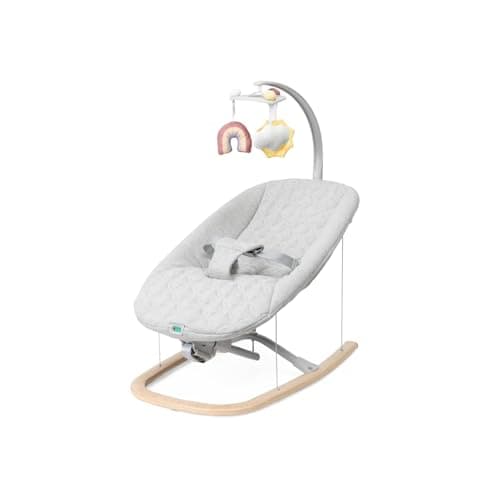 Chicco Zen Wave Rocker con movimento a dondolo naturale, adatto dalla nascita fino a 9 kg, barra giocattolo staccabile con 3 giocattoli, pieghevole compatta e sottile, in legno, grigio