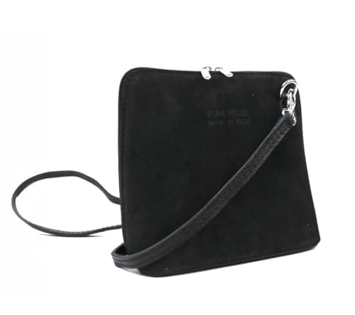 Lusso in pelle Genuine Italian Suede Front & Leather Back Handbag Crossbody Shoulder Bag with Detachable Strap (Black)