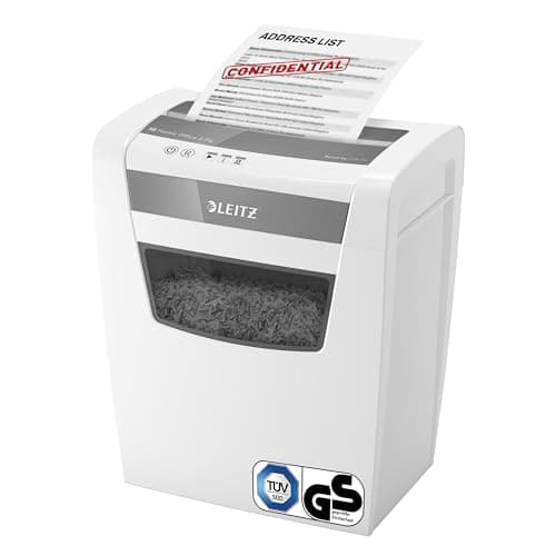 Leitz IQ Aktenvernichter Home Office S, 9-8 Blatt (70-80 g/m²), TÜV+GS zertifiziert, Partikelschnitt, Sicherheitsstufe P4, 15L Behälter, Sehr leise, & kompakt, Schredder für Büro, Weiß, 80360000