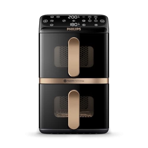 Philips Airfryer 4000 Series Stacked Dual Basket, Stacked Hot Air Fryer with 2 Baskets, 10L, RapidAir Technology, 45% Less Space, PFAS-free Ceramic Coating, Viewing Window (NA462/70)