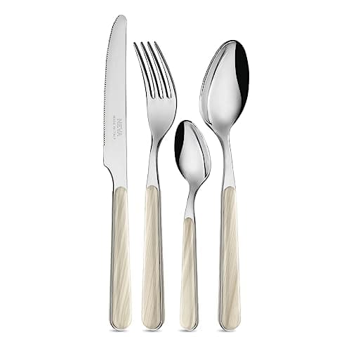 NEVA | Bistrot Wood Texture Cutlery Set, 24 Pieces, Stainless Steel Cutlery Set, Dishwasher Wash, Permanent Decoration, Ivory Spruce Wood