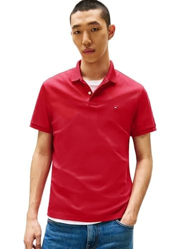 Tommy Hilfiger Men's Regular Fit Short Sleeve Casual Polo with Liquid Cotton, Medium Red, Medium, Medium Red, M