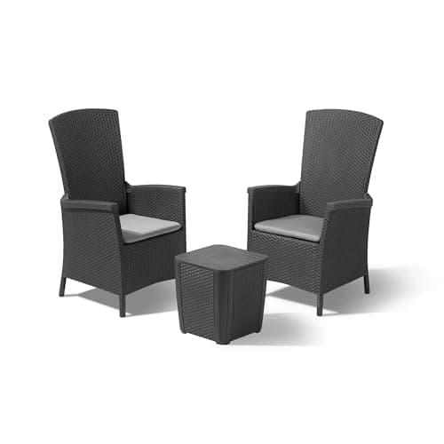Allibert by Keter Vermont Reclining Balcony Outdoor Garden Furniture Set, Graphite with Grey Cushions