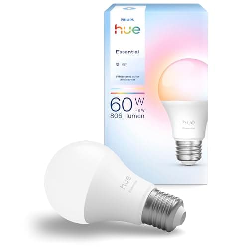 Philips Hue Essential Smart LED A60 Light Bulb, White and Colour, E27 Socket, 8W, 2200K-6500K, 806lm, Dimmable, Compatible with Alexa, Google Assistant and Apple Home, Pack of 1