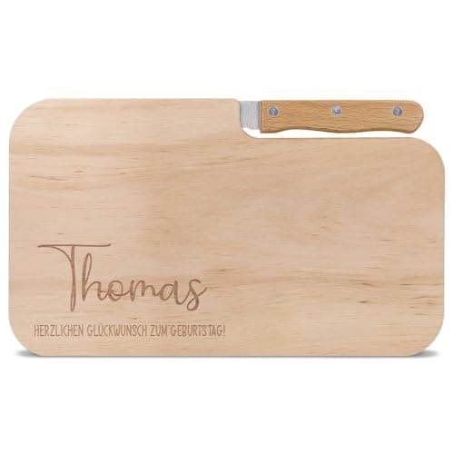 GRAVURZEILE Frühstücksbrettchen mit eigener Gravur in verschiedenen Motiven - Inklusive Messer - Personalisiert mit Namen und Text - Massives Erlenholz - 26x15,5x1,2 cm - Motiv: Name + Text