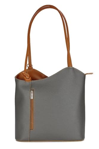 Belli italienische Ledertasche Backpack Classic 2in1 Damen Rucksack Leder Handtasche made in italy Schultertasche - 28x28x8 cm (B x H x T) (Dunkelgrau Cognac)
