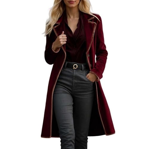 Generisch Cappotto in velluto da donna, lungo, aperto, tinta unita, vintage, stile casual, in lana, comodo, caldo, per le mezze stagioni, con colletto a risvolto, elegante giacca a vento, Colore