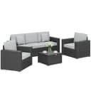 Outsunny 5 Seater Rattan Garden Furniture Set, 3 Seater Garden Sofa, 2 Armchairs, Faux Wood Coffee Table, Outdoor Furniture Conversation Set with Wide Armrests, Cushions, Pillows for Patio, Dark Grey - 1