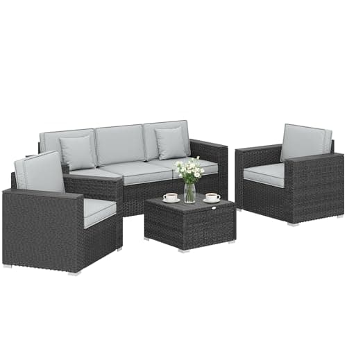 Outsunny 5 Seater Rattan Garden Furniture Set, 3 Seater Garden Sofa, 2 Armchairs, Faux Wood Coffee Table, Outdoor Furniture Conversation Set with Wide Armrests, Cushions, Pillows for Patio, Dark Grey