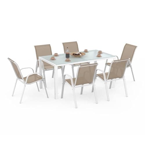 IDMarket – Salón de jardín Madrid Mesa 150 CM y 6 sillas apilables blanco y beige