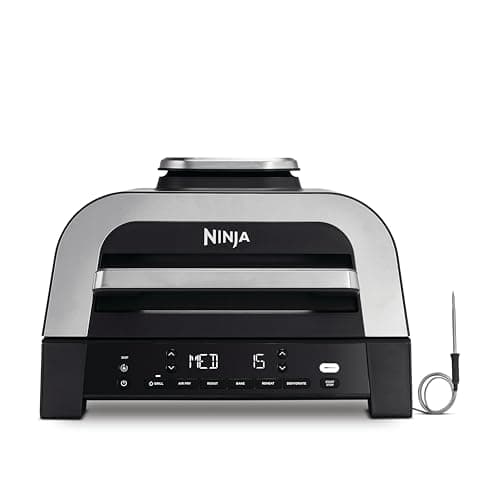 Ninja MAX DG551EU 6-in-1 Indoor Grill & Hot Air Fryer, 6 Cooking Functions, Holds up to 6 Burgers, 3.8L Capacity, Low Smoke, Includes Digital Roasting Thermometer, Grey/Silver