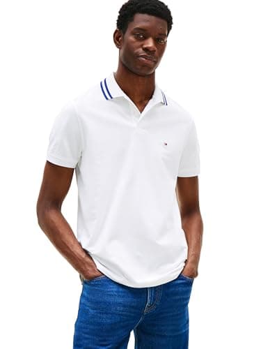 Tommy Hilfiger Men's Short Sleeve Casual Dri Polo Shirts in Regular Fit with Moisture Wicking and Stretch, White Tipped, Medium