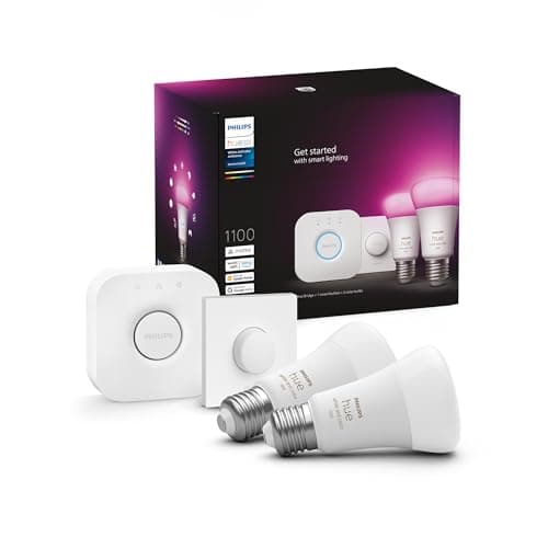 Philips Hue White & Colour Ambiance Starter Set with E27 Bulbs Pack of 2 (1100), Smart Button + Hue Bridge, 16 Million Colours Controllable by Voice and App