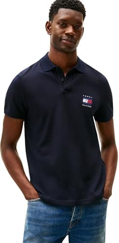 Tommy Hilfiger Men’s Short Sleeve Flag Graphic Pique Regular Fit Polo Shirt, Blue (Desert Sky), S