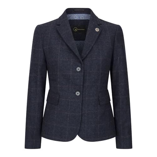 TruClothing - Chaqueta de campo para mujer, bléiser de mezcla de lana con patrón de espiguilla a cuadros, corte ajustado, azul marino, 38