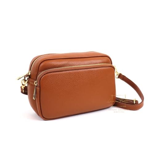 Lusso in pelle Double Zip Genuine Italian Leather Handbag - Handmade Leather Crossbody Bag - Elegant Women's Handbag (Tan)