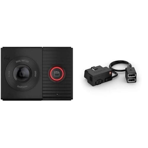 Garmin Dash Cam Tandem, Compact Dual-lens Dash Camera, Two 180-degree Lenses, Dual USB charger included & Garmin Constant Power Cable,Black