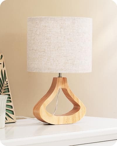 EDISHINE Lampada da Comodino con Paralume in Lino e Base in Legno Massiccio Color Rovere Chiaro, Lampadina LED E27 4W Inclusa, 2700K, H34 cm, Ø21 cm, Lampada da Tavolo Moderna per Soggiorno, Camera