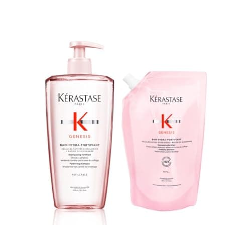 Kérastase Genesis Bain Hydra-Fortifiant Nachfüllset, Kräftigendes Shampoo bei Haarverlust durch Haarbruch, Enthält: Genesis Bain Hydra-Fortifiant 500 ml im Pumpspender sowie 500-ml-Nachfüllpackung