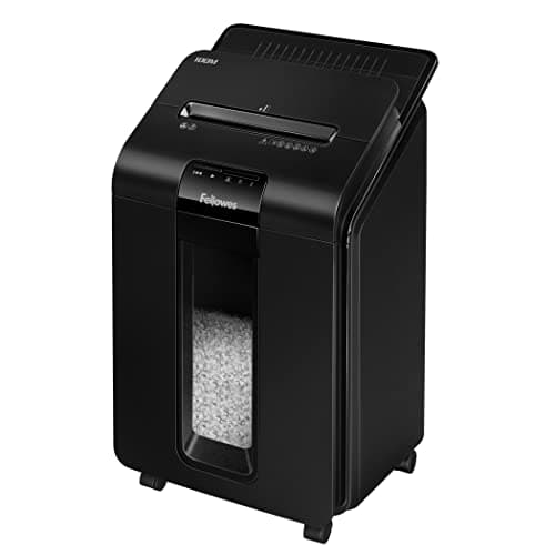 Fellowes AutoMax 100M, Destructora trituradora de Papel, Mini Corte (DIN P-4), destruye hasta 100 Hojas de Manera automática (10 manualmente), tritura Grapas, Tarjetas de crédito y Clips, Color Negro