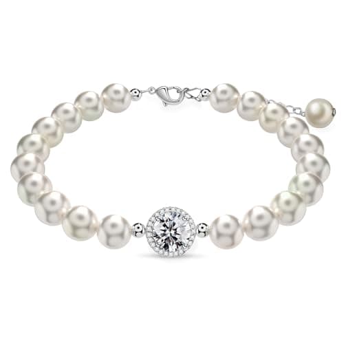 FEIKFEIZ Perlenarmband mit Moissanit, 2CT laborgezüchtete Moissanit-Diamanten, rhodiniertes Gold, verstellbares Armband aus Süßwasserperlen, silbernes Armband, Geschenk für Damen.