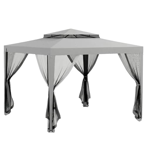 Outsunny 3 x 3 m Gazebo, Netting Party Tent, Patio Canopy Outdoor Event Shelter with Double Tier Roof for Activities, Shade Resistant, Light Grey
