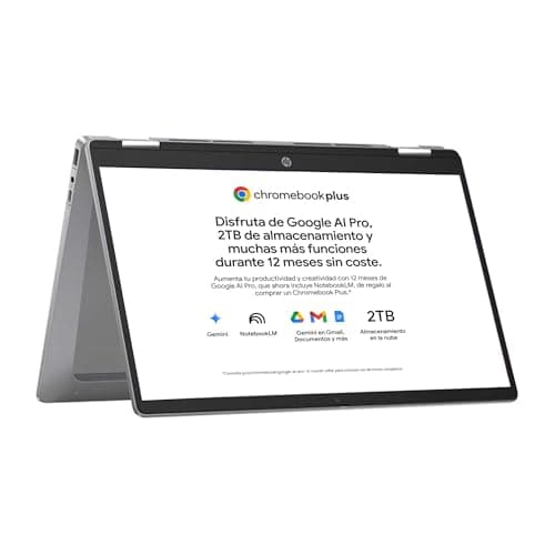 HP Chromebook Plus x360 - Ordenador portátil de Google 14" FHD (i3-N305, 8GB RAM, 256GB, ChromeOS) + Suscripción Google AI Pro con Gemini Pro y 2TB de Almacenamiento Durante 1 año - QWERTY Español