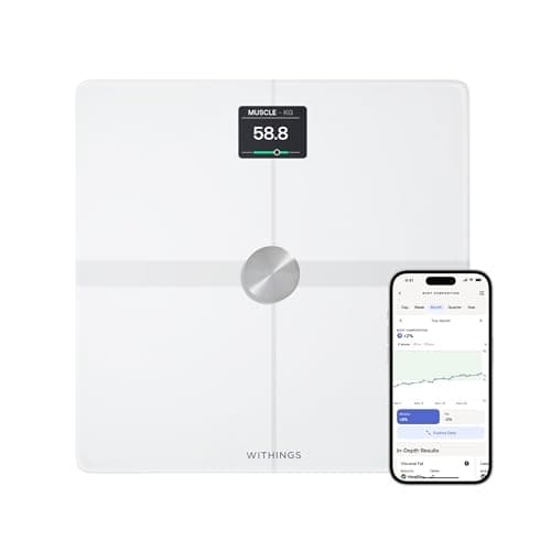 WITHINGS Body Smart - Bilancia pesapersone digitale WIFI con composizione corporea: peso, massa grassa, muscolare, ossa, acqua, indice di grasso viscerale, bilancia di precisione, fino a 8 utenti