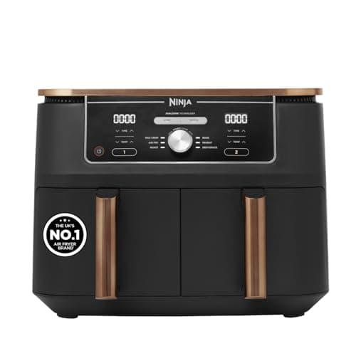 Ninja Foodi MAX Dual Zone Air Fryer, Amazon Exclusive, Tongs, 2 Drawers, 9.5L, 6-in-1, Use No Oil, Air Fry, Max Crisp, Roast, Bake, 8 Portions, Nonstick Dishwasher Safe Baskets, Copper/Black AF400UKCP